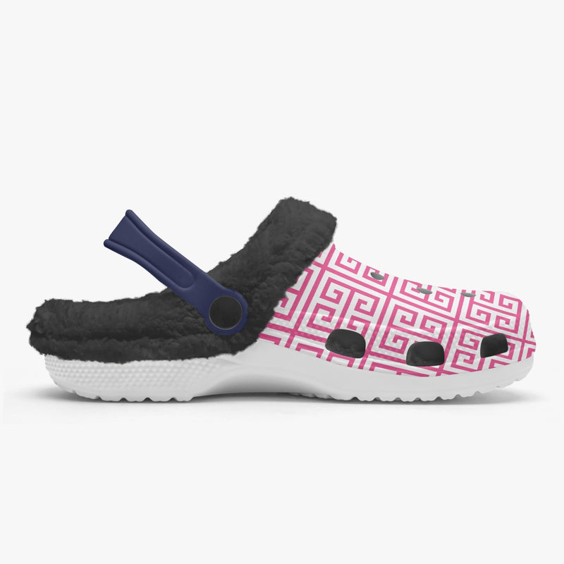 Fur Lined Clog Greek Key Hot Pink and Navy for nurses gardeners moms and teachers