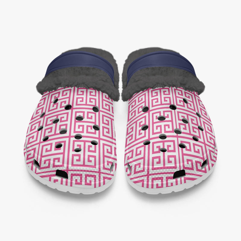 Fur Lined Clog Greek Key Hot Pink and Navy for nurses gardeners moms and teachers