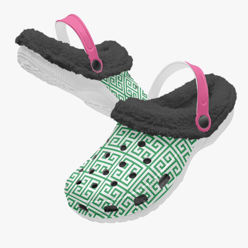 Fur Lined Clog Greek Key Green and Hot Pink for nurses gardeners moms and teachers