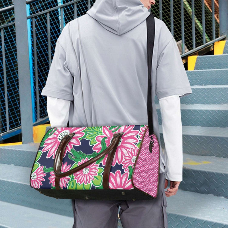 Bama Gator Pink Green Navy Greek Key LARGE luxury luggage PU Leather Duffle bag