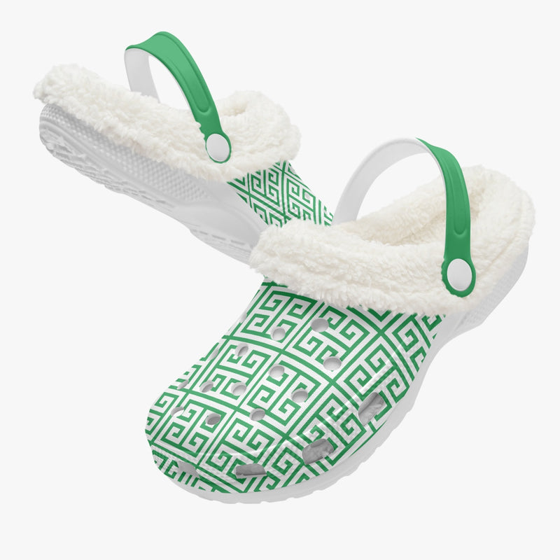 Fur Lined Clog Greek Key Green for nurses gardeners moms and teachers