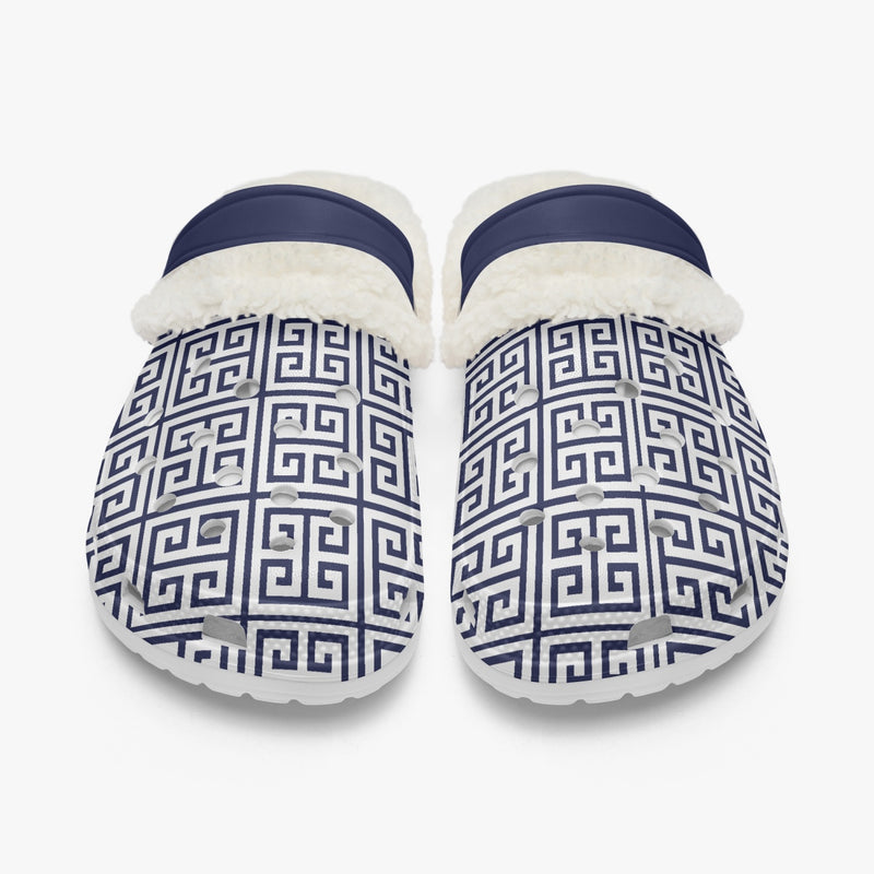 Garden Shoes Mens | Fur Lined Clog Greek Key Navy Blue| Preppy Steppin