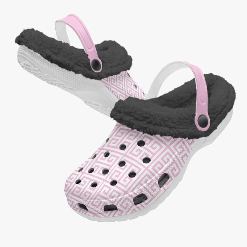 Fur Lined Clog Greek Key Pink for nurses gardeners moms and teachers