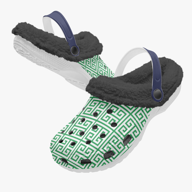 Fur Lined Clog Greek Key Green and Navy for nurses gardeners moms and teachers