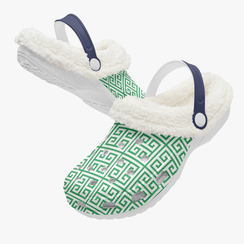 Fur Lined Clog Greek Key Green and Navy for nurses gardeners moms and teachers