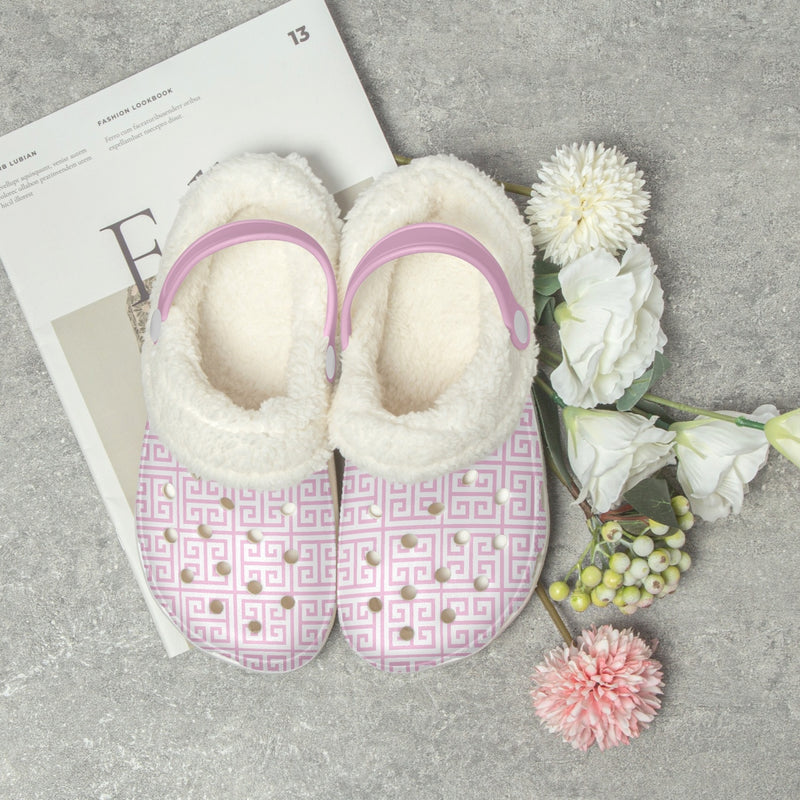 Fur Lined Clog Greek Key Pink for nurses gardeners moms and teachers