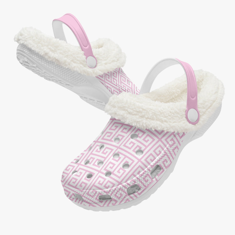 Fur Lined Clog Greek Key Pink for nurses gardeners moms and teachers