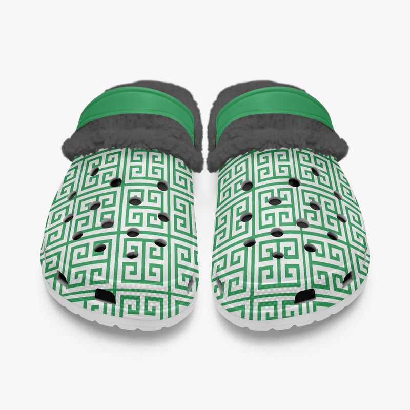 Fur Lined Clog Greek Key Green for nurses gardeners moms and teachers