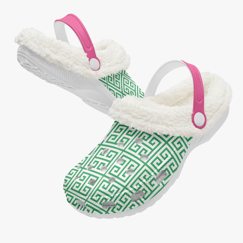 Fur Lined Clog Greek Key Green and Hot Pink for nurses gardeners moms and teachers